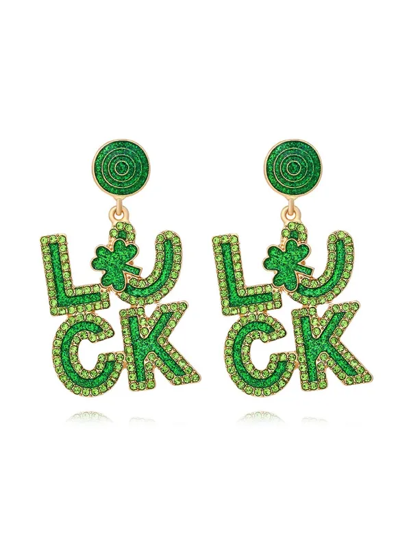 Green Luck Rhinestones Exaggerated Earrings sold by Retro Stage
