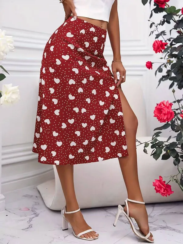 Red 1940s Hearts Polka Dot Slit Skirt sold by Retro Stage