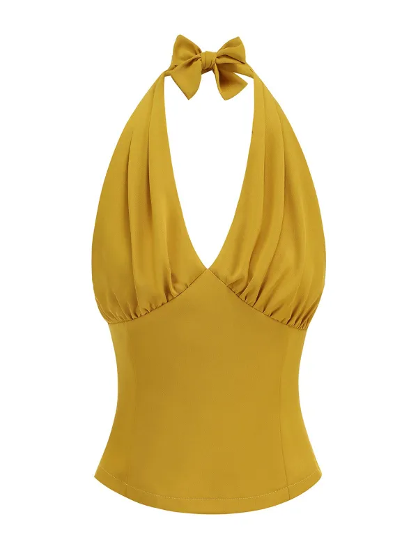 1950s Solid Sleeveless Halter Ruched Top sold by Retro Stage