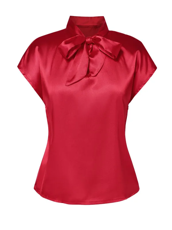 Red 1960s Satin Tie Neck Cap Blouse sold by Retro Stage