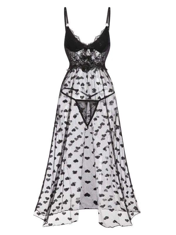 Black 1950s Lace Hearts Mesh Nightgown sold by Retro Stage