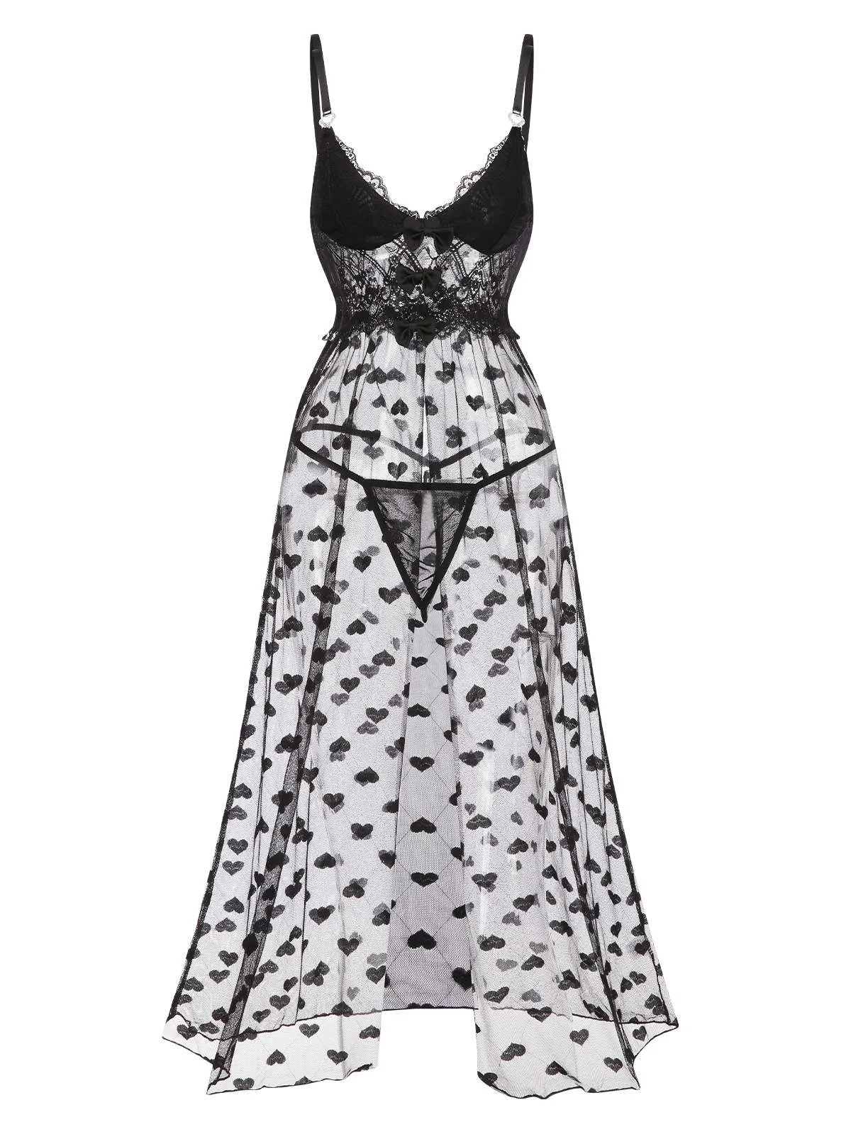 Black 1950s Lace Hearts Mesh Nightgown sold by Retro Stage