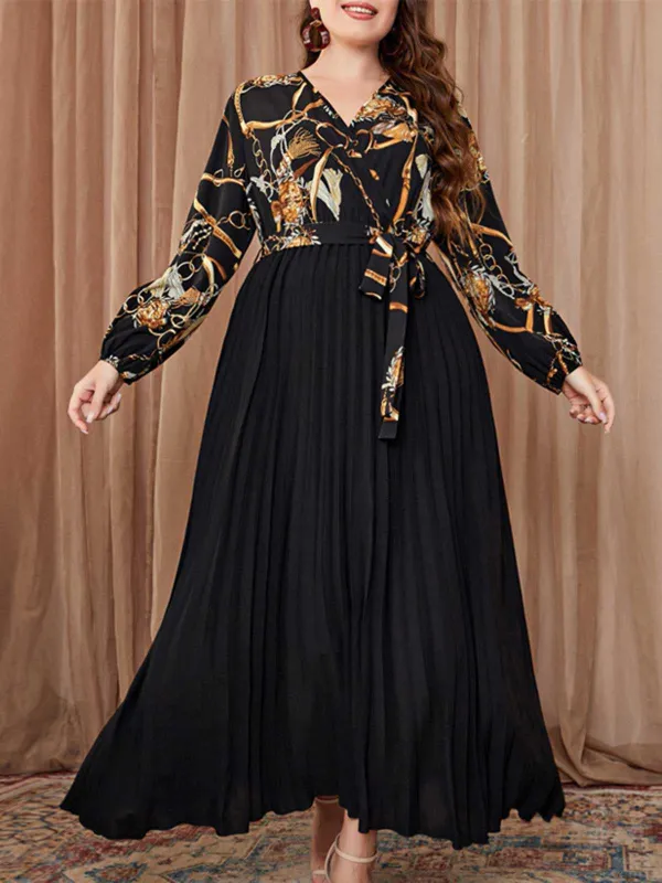 [Plus Size] Black 1950s V-Neck Tie Pleated Dress sold by Retro Stage