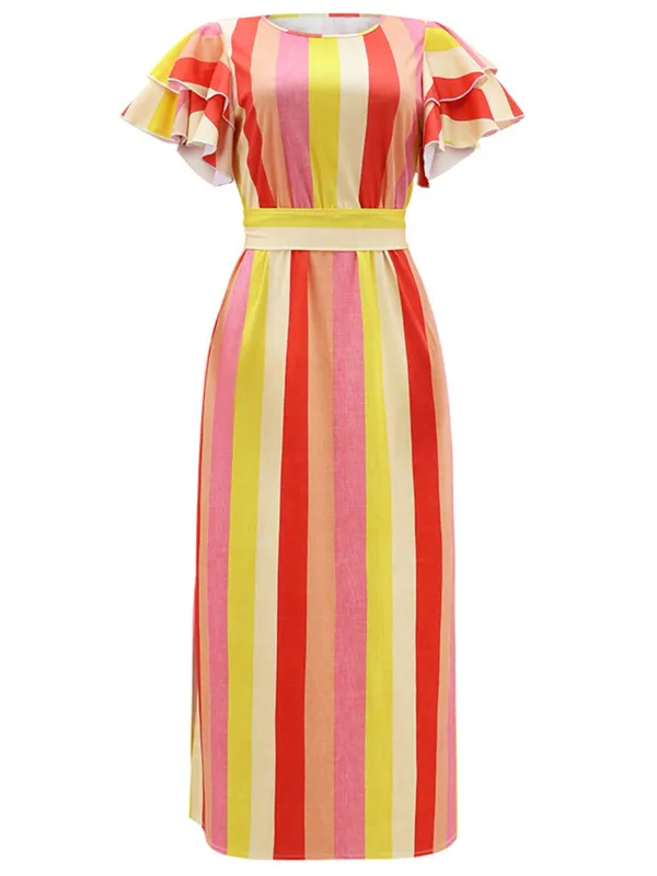 1970s Roman Stripes Ruffle Sleeve Dress sold by Retro Stage