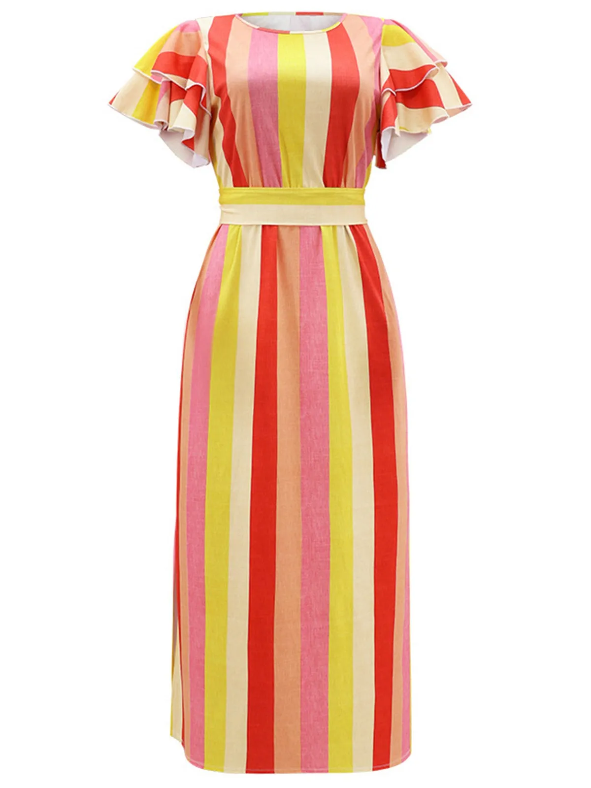 1970s Roman Stripes Ruffle Sleeve Dress sold by Retro Stage