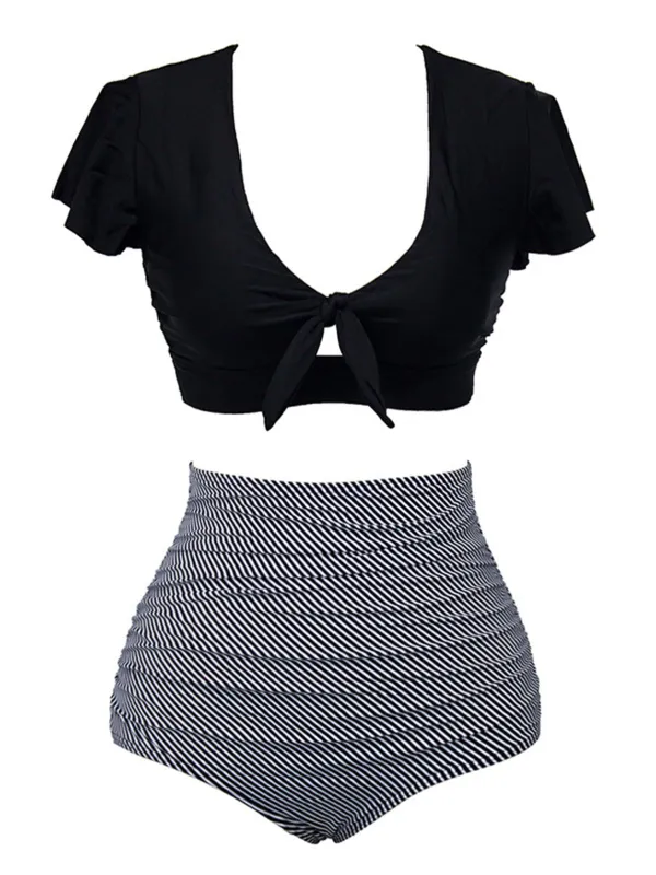 1950s Ruffle Sleeve Lace-Up Patchwork Swimsuit sold by Retro Stage