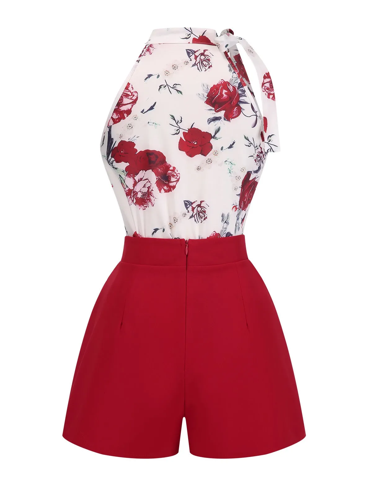 2PCS Red 1940s Floral Tie Neck Top & Buttoned Short sold by Retro Stage product image thumbnail 2