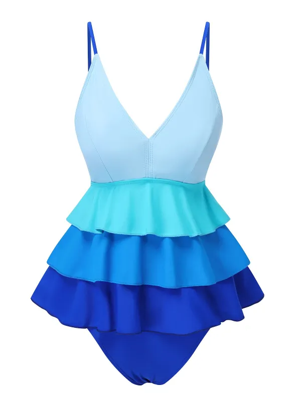 Blue 1940s Gradient Layered Flare Hem Swimsuit sold by Retro Stage
