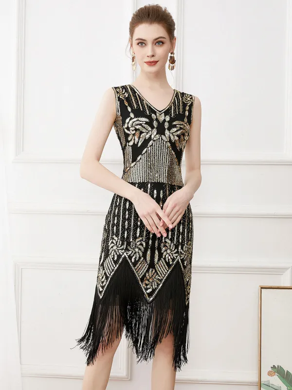 Gold 1920s Tassel Sequined Sleeveless Gatsby Dress sold by Retro Stage