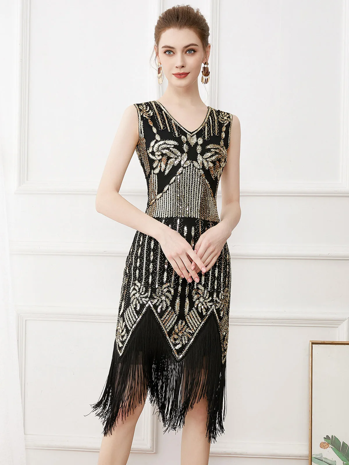 Gold 1920s Tassel Sequined Sleeveless Gatsby Dress sold by Retro Stage