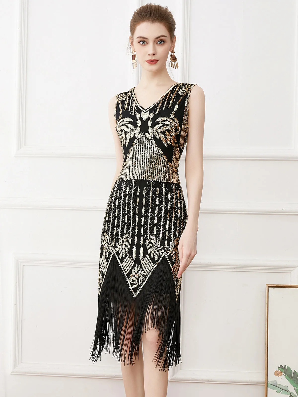 Gold 1920s Tassel Sequined Sleeveless Gatsby Dress sold by Retro Stage product image thumbnail 3