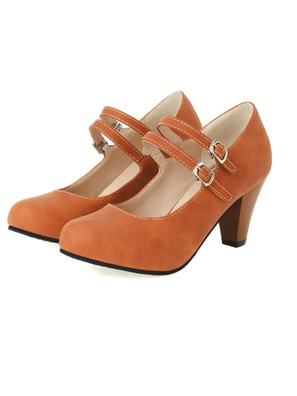 Orange Double Buckle Strap Mary Jane Heels Shoes sold by Retro Stage