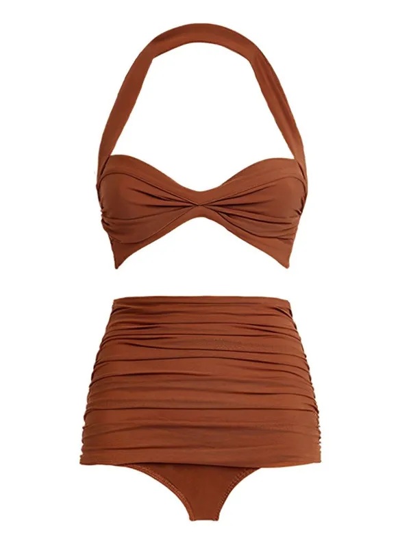 Brown 1950s Solid Mesh Halter Swimsuit sold by Retro Stage