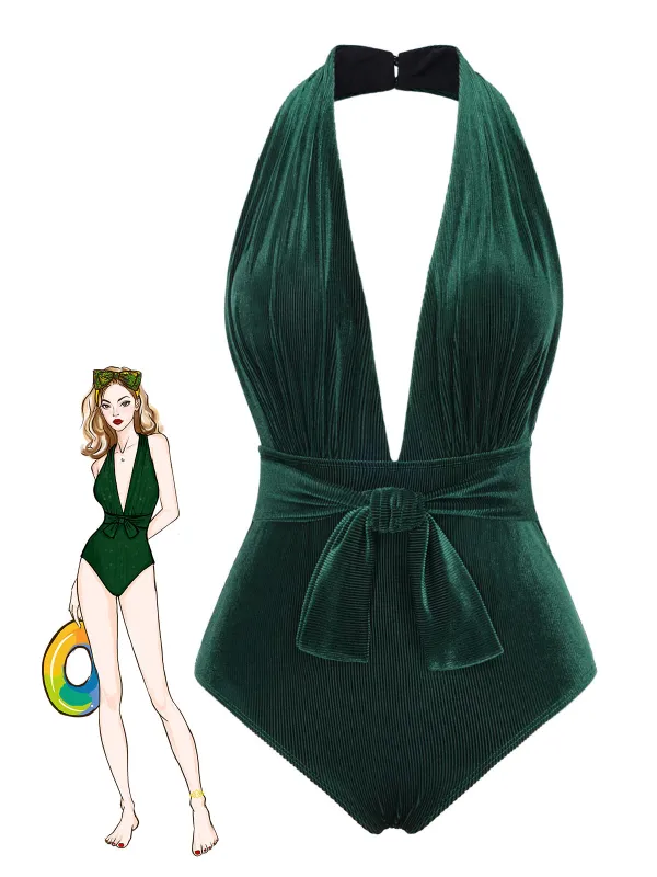 Dark Green 1970s Velvet Deep V-Neck Swimsuit sold by Retro Stage