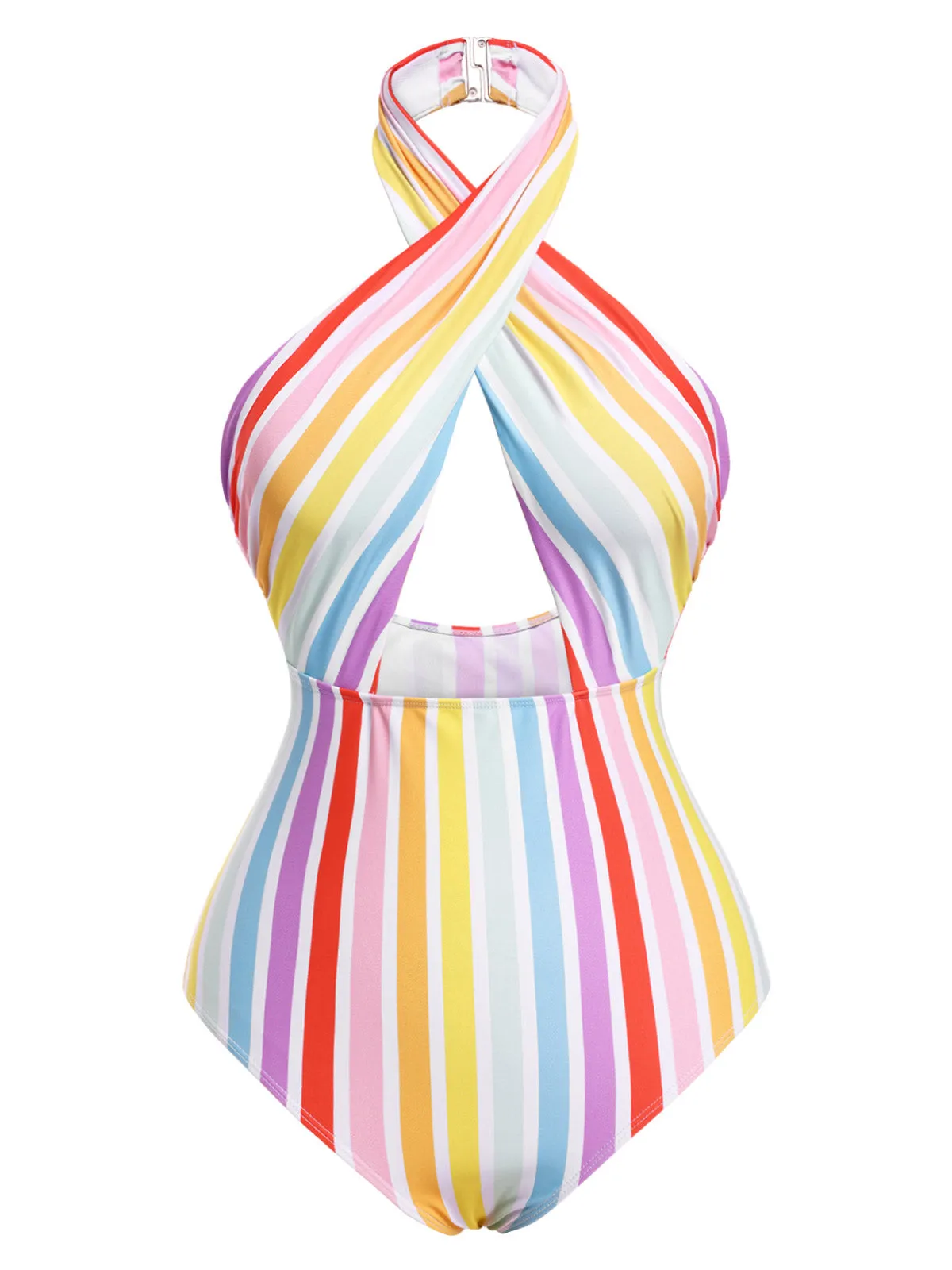 Multicolor 1960s Rainbow Stripe Halter Swimsuit sold by Retro Stage product image thumbnail 2