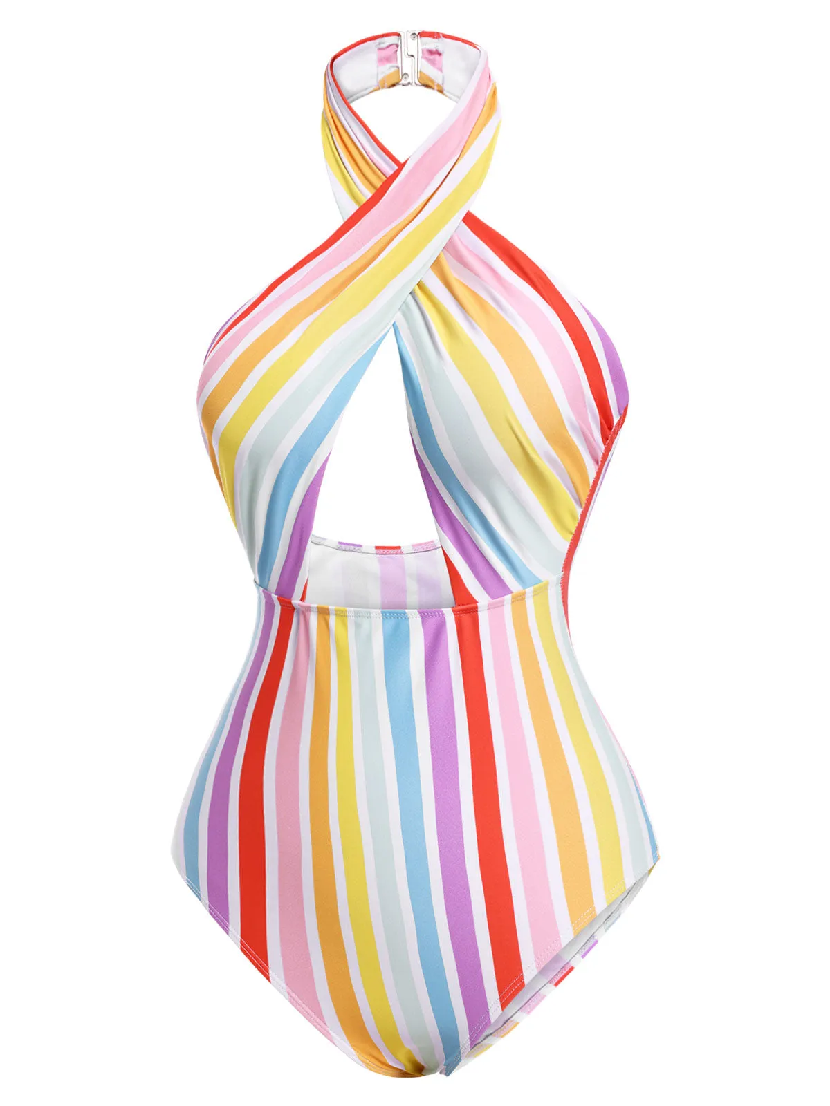 Multicolor 1960s Rainbow Stripe Halter Swimsuit sold by Retro Stage product image thumbnail 3