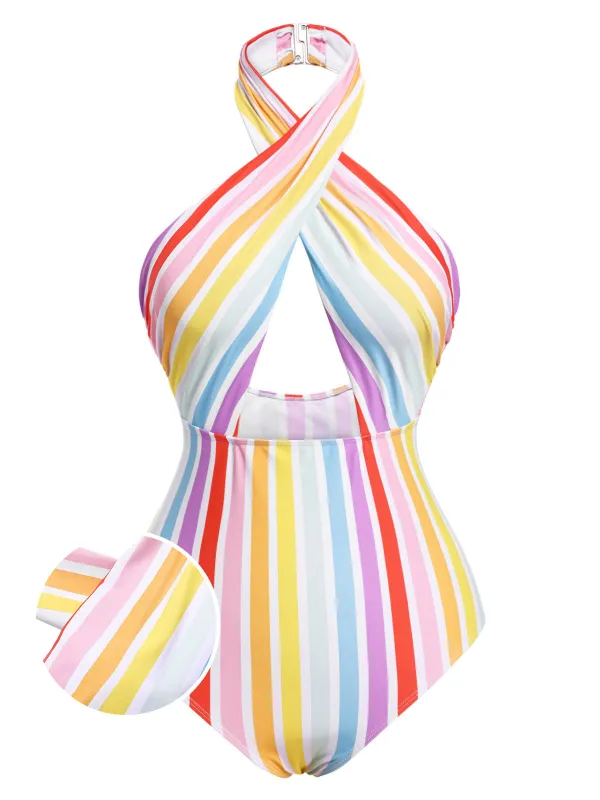 Multicolor 1960s Rainbow Stripe Halter Swimsuit sold by Retro Stage