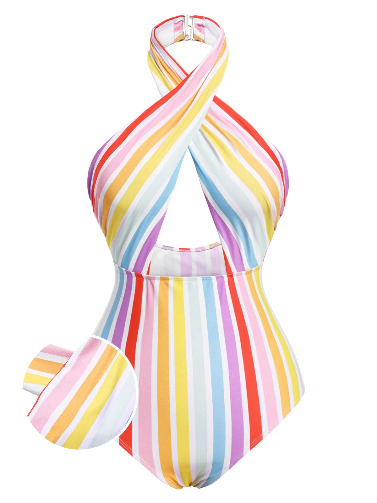 Multicolor 1960s Rainbow Stripe Halter Swimsuit sold by Retro Stage