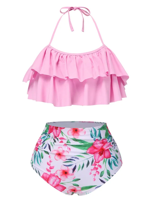 Pink 1930s Floral Ruffle Halter Swimsuit sold by Retro Stage