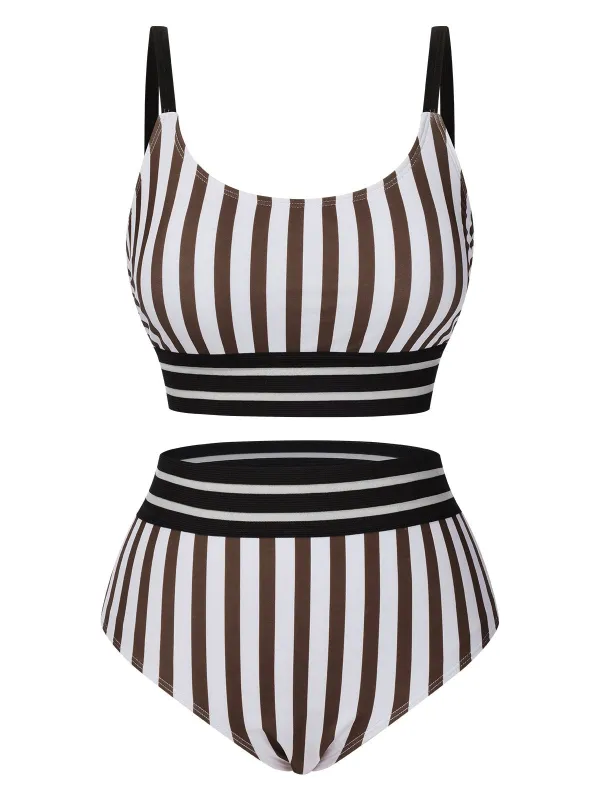 1950s U-Neck Vertical Stripes Straps Swimsuit sold by Retro Stage