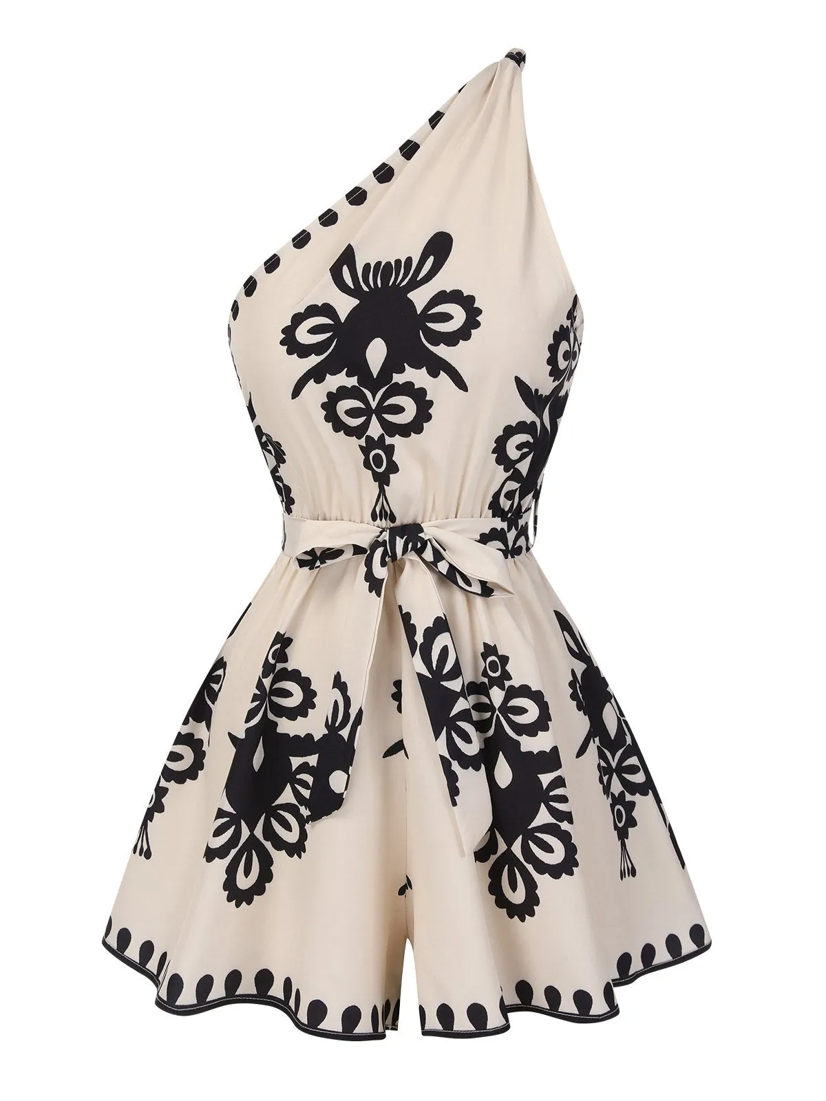 Beige 1940s Oblique Neck Tribal Printed Romper sold by Retro Stage