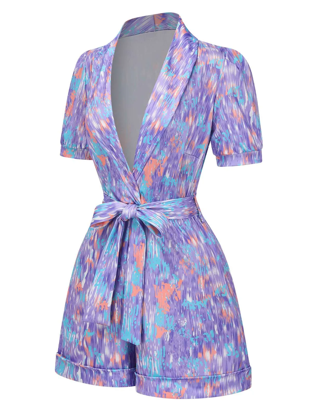 Purple 1960s Deep V-Neck Belted Lapel Romper sold by Retro Stage product image thumbnail 2