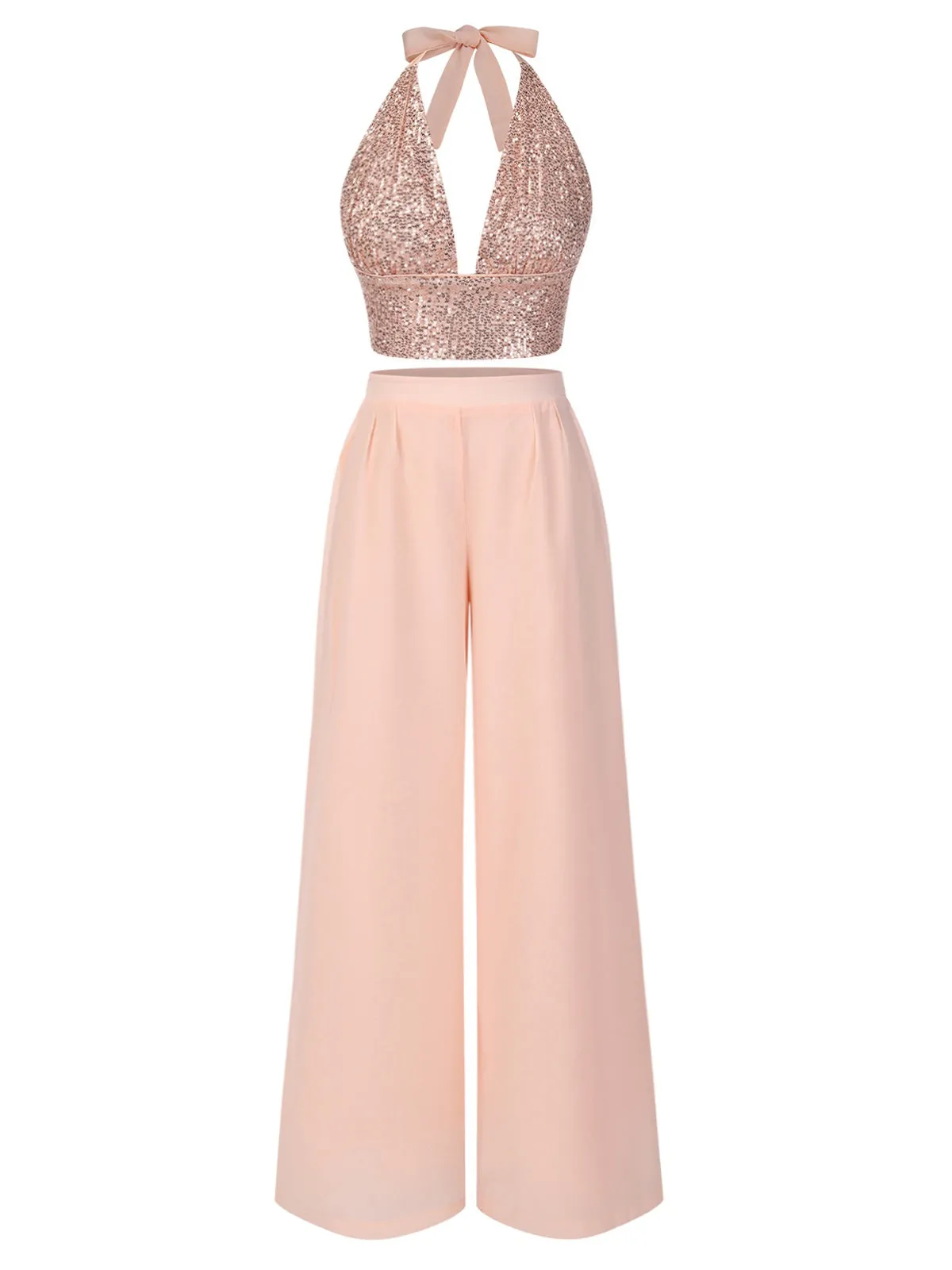 2PCS 1930s Sequined Halter Crop Top & Wide Leg Pants sold by Retro Stage