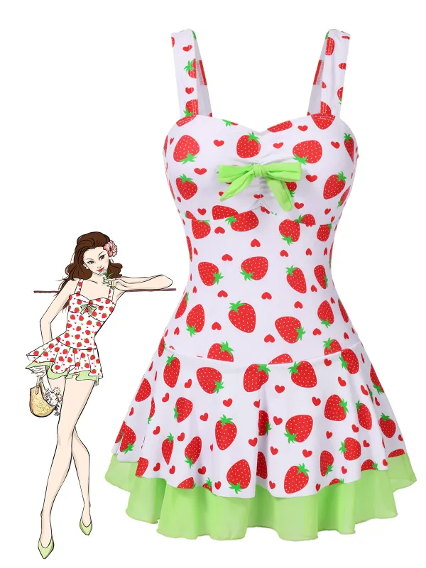 Red & Green 1940s Strawberry Bow Swim Dress sold by Retro Stage