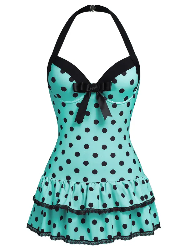 Blue 1940s Halter Polka Dots Bow One-Piece Swimsuit sold by Retro Stage