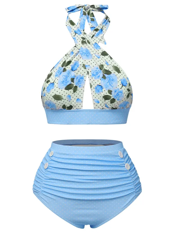 Blue 1940s Floral Cross Halter Swimsuit sold by Retro Stage