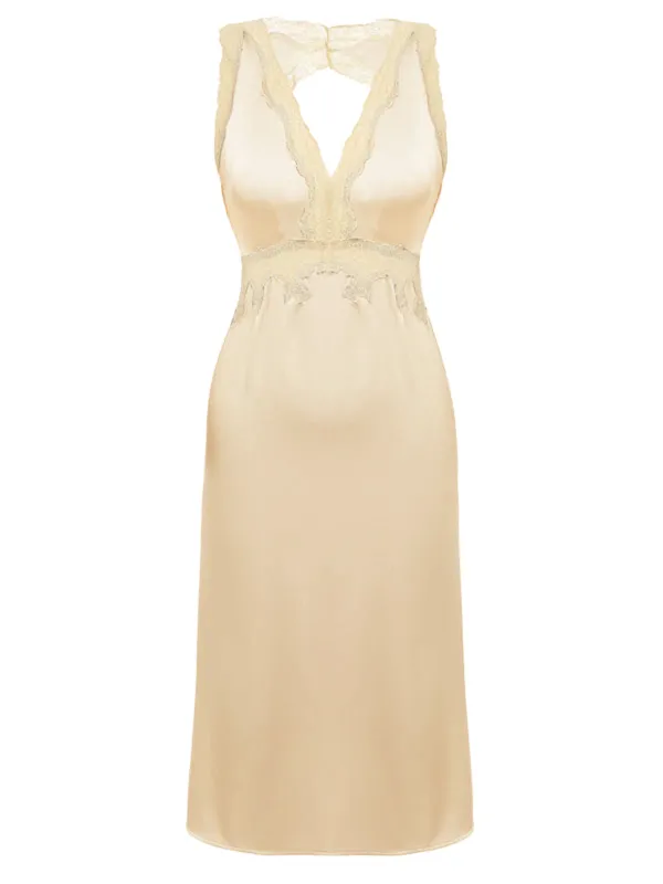 1950s Lace Backless V-Neck Satin Sleepwear sold by Retro Stage