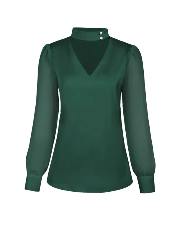 Green 1940s Round Neck Satin Puff Sleeve Blouse sold by Retro Stage