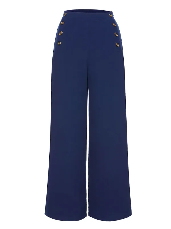 Dark Blue 1950s Solid Button Wide-leg Pants sold by Retro Stage