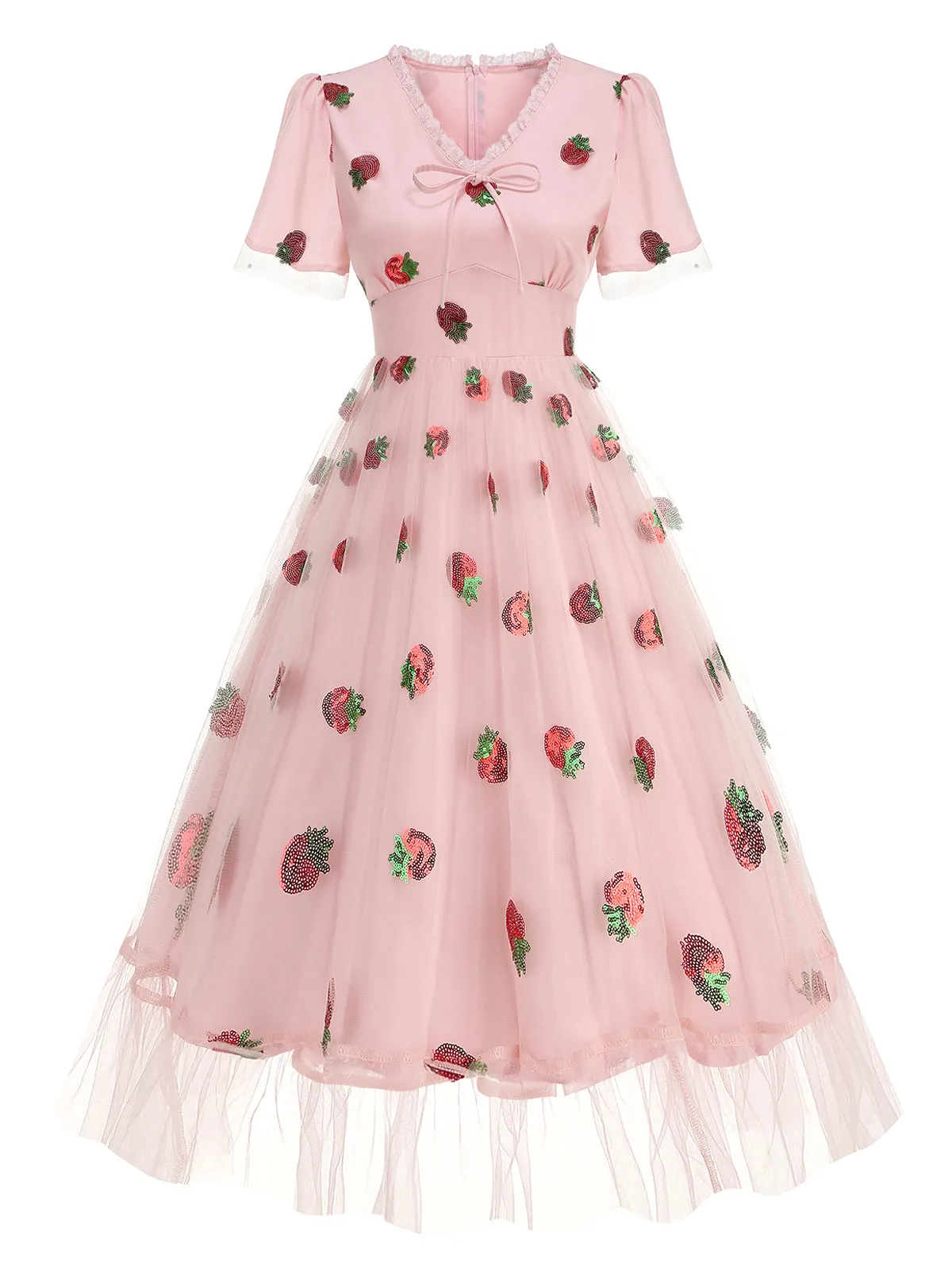 Pink 1950s V-Neck Strawberry Mesh Swing Dress sold by Retro Stage