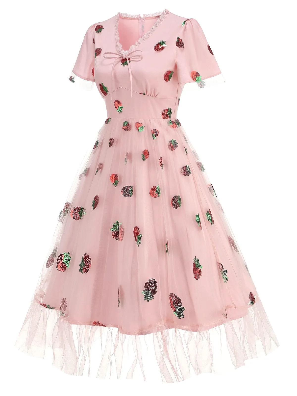 Pink 1950s V-Neck Strawberry Mesh Swing Dress sold by Retro Stage product image thumbnail 3