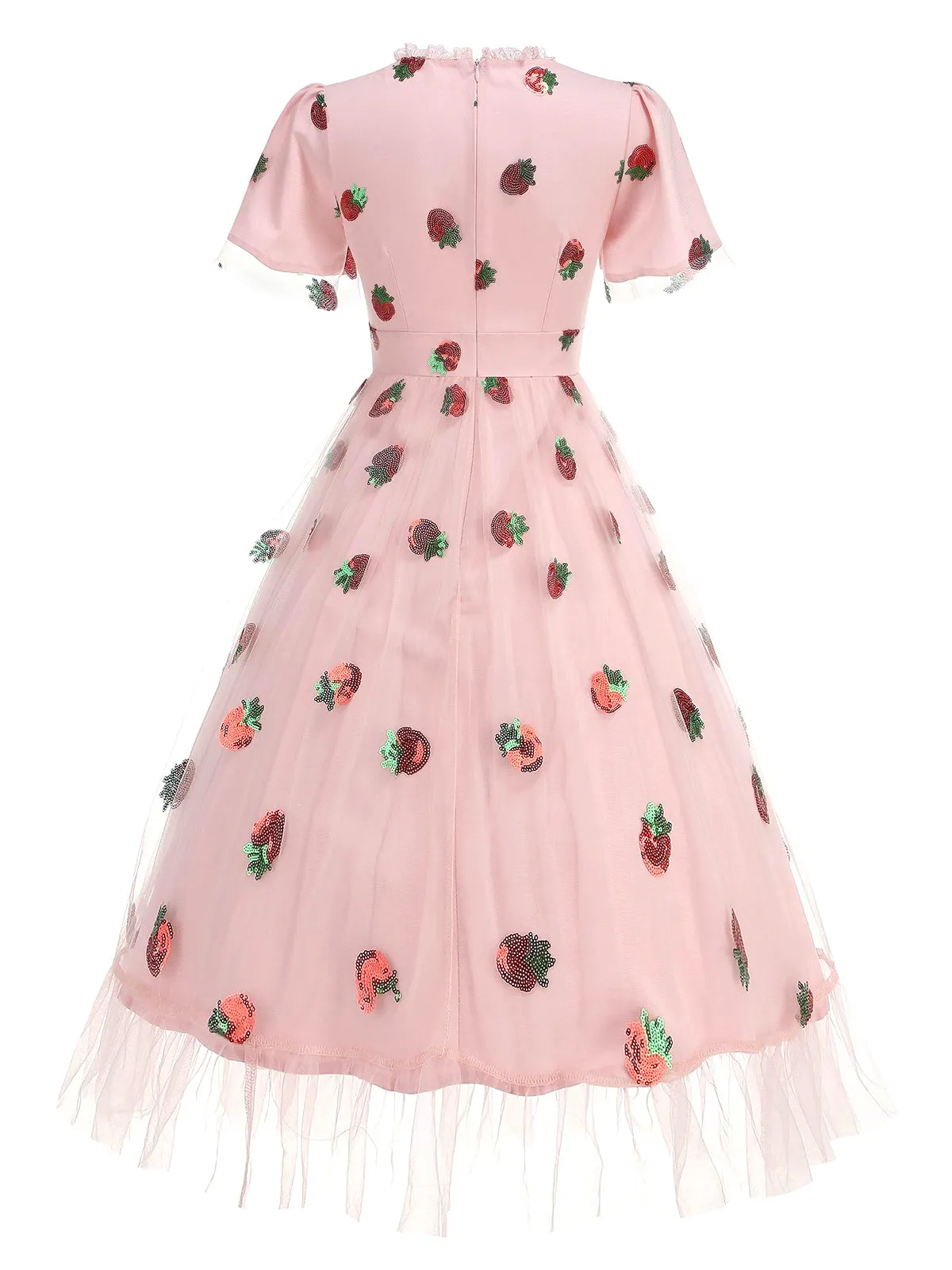 Pink 1950s V-Neck Strawberry Mesh Swing Dress sold by Retro Stage product image thumbnail 2