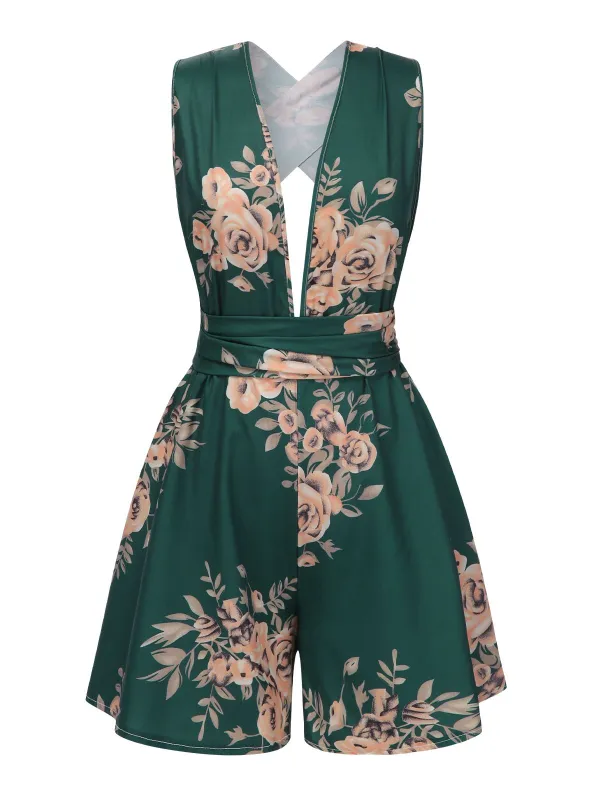 Dark Green 1970s Floral Deep V-Neck Romper sold by Retro Stage