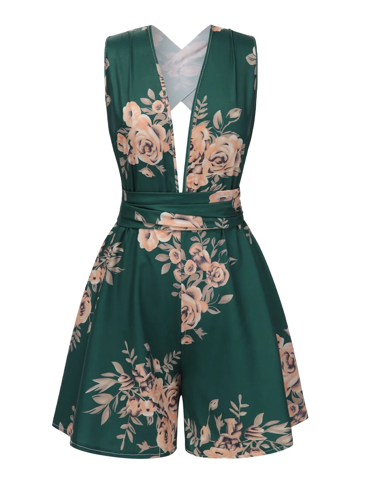 Dark Green 1970s Floral Deep V-Neck Romper sold by Retro Stage