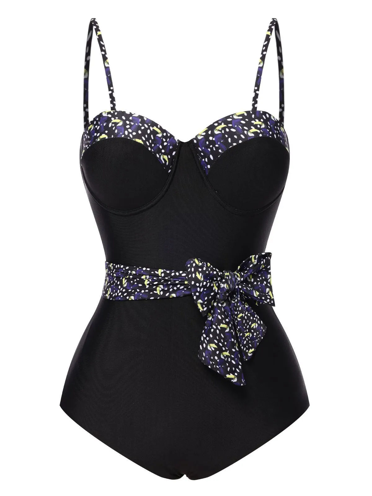 Black 1930s Spaghetti Strap Polka Dots Bow Swimsuit sold by Retro Stage
