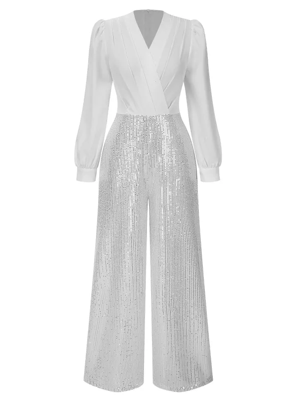 1930s V-Neck Puff Sleeve Sequins Wide-Leg Jumpsuit sold by Retro Stage