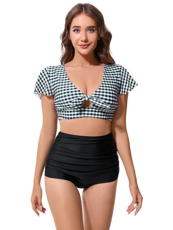 Black 1930s Gingham Plaid Bow Ruched Swimsuit sold by Retro Stage