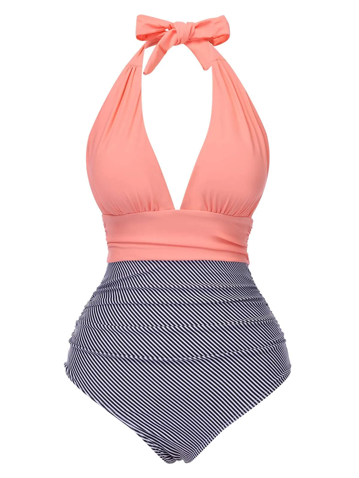 1940s Stripes Backless Halter Ruched Swimsuit sold by Retro Stage product image thumbnail 4