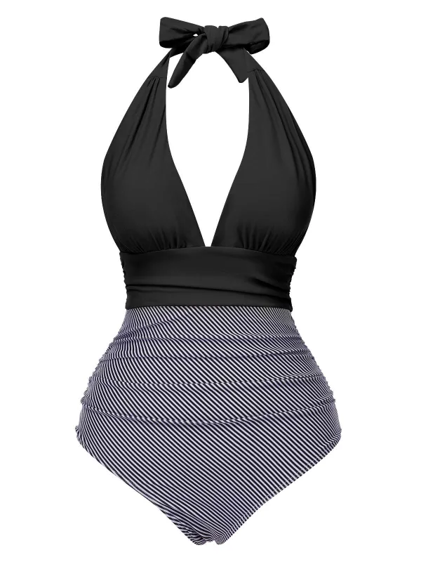 1940s Stripes Backless Halter Ruched Swimsuit sold by Retro Stage