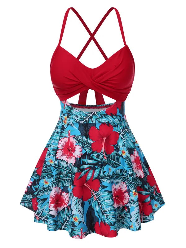 Multicolor 1940s Floral Hollow Straps Swim Dress sold by Retro Stage