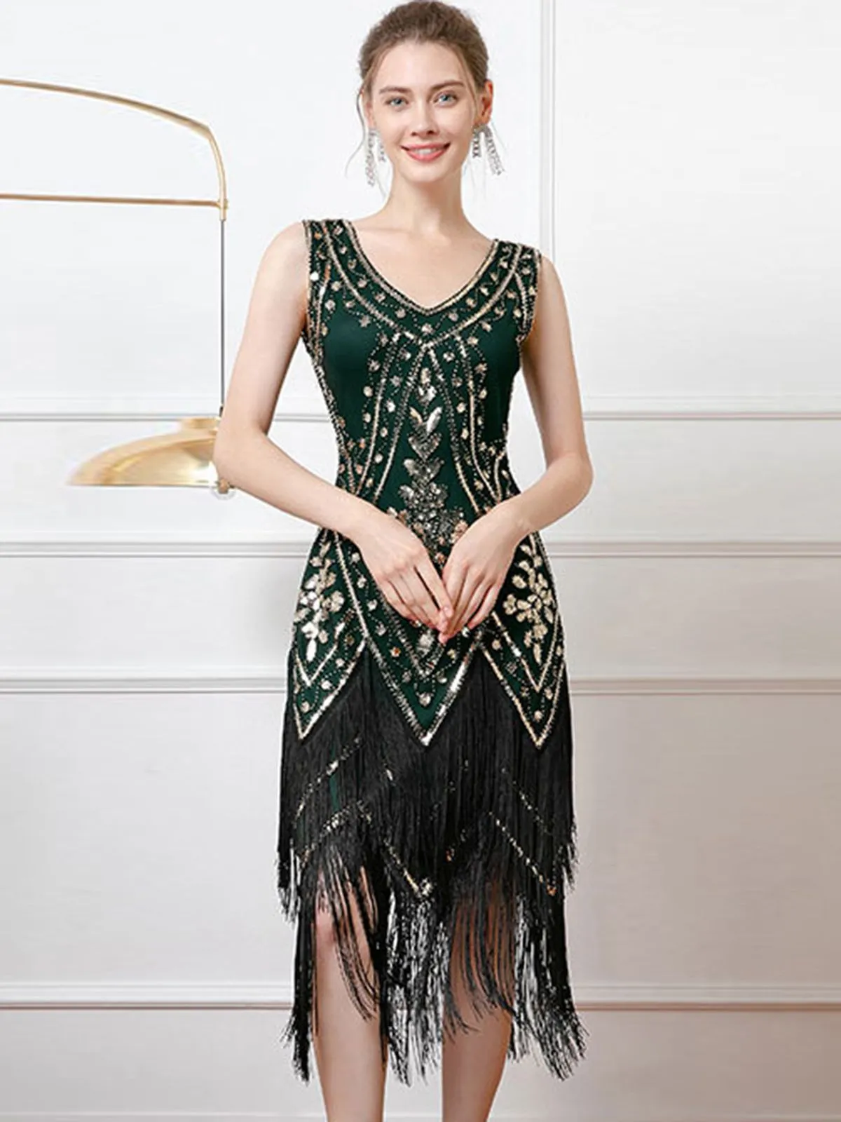 1920s V-Neck Sequined Tassel Flapper Sleeveless Dress sold by Retro Stage product image thumbnail 2