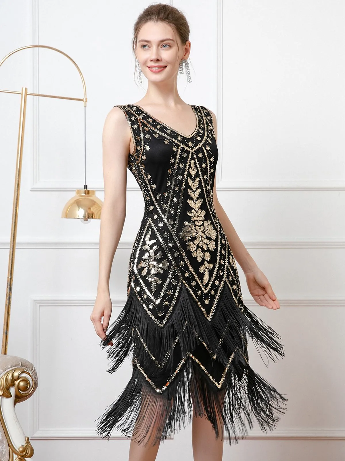 1920s V-Neck Sequined Tassel Flapper Sleeveless Dress sold by Retro Stage product image thumbnail 5