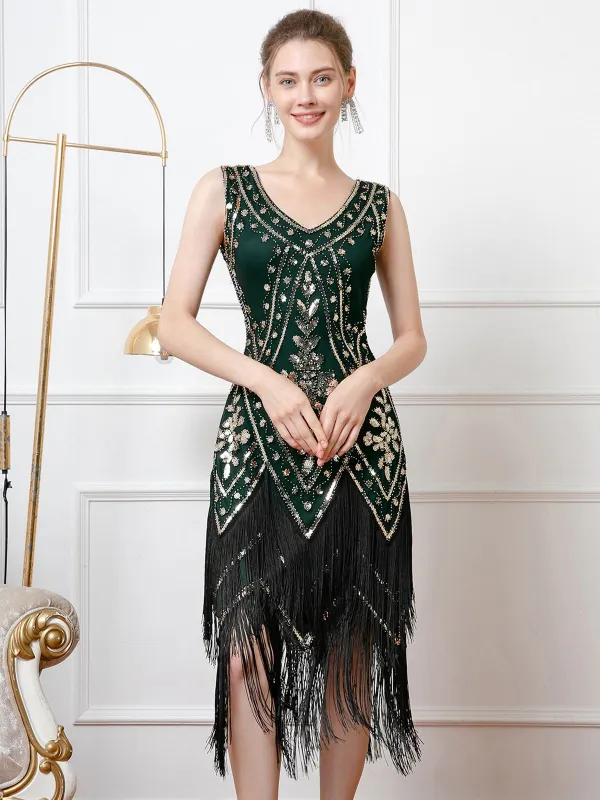 1920s V-Neck Sequined Tassel Flapper Sleeveless Dress sold by Retro Stage