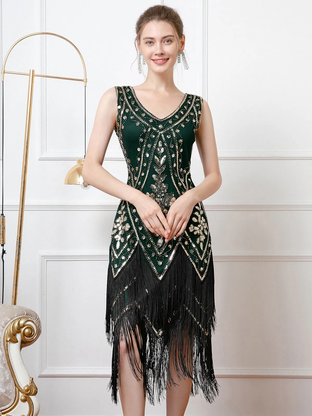1920s V-Neck Sequined Tassel Flapper Sleeveless Dress sold by Retro Stage