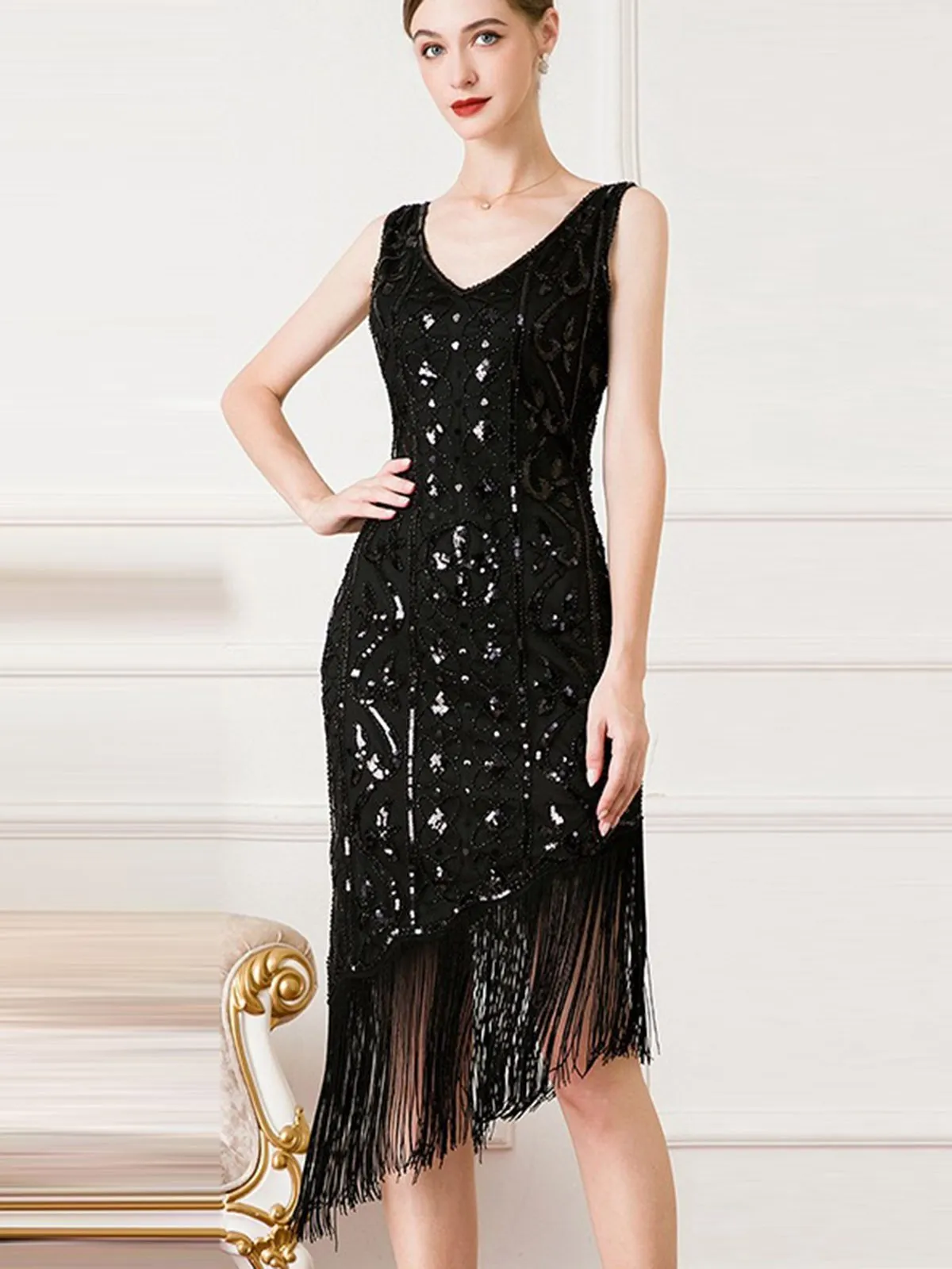 1920s Gatsby Sequins Tassel Oblique Hem Dress sold by Retro Stage product image thumbnail 5