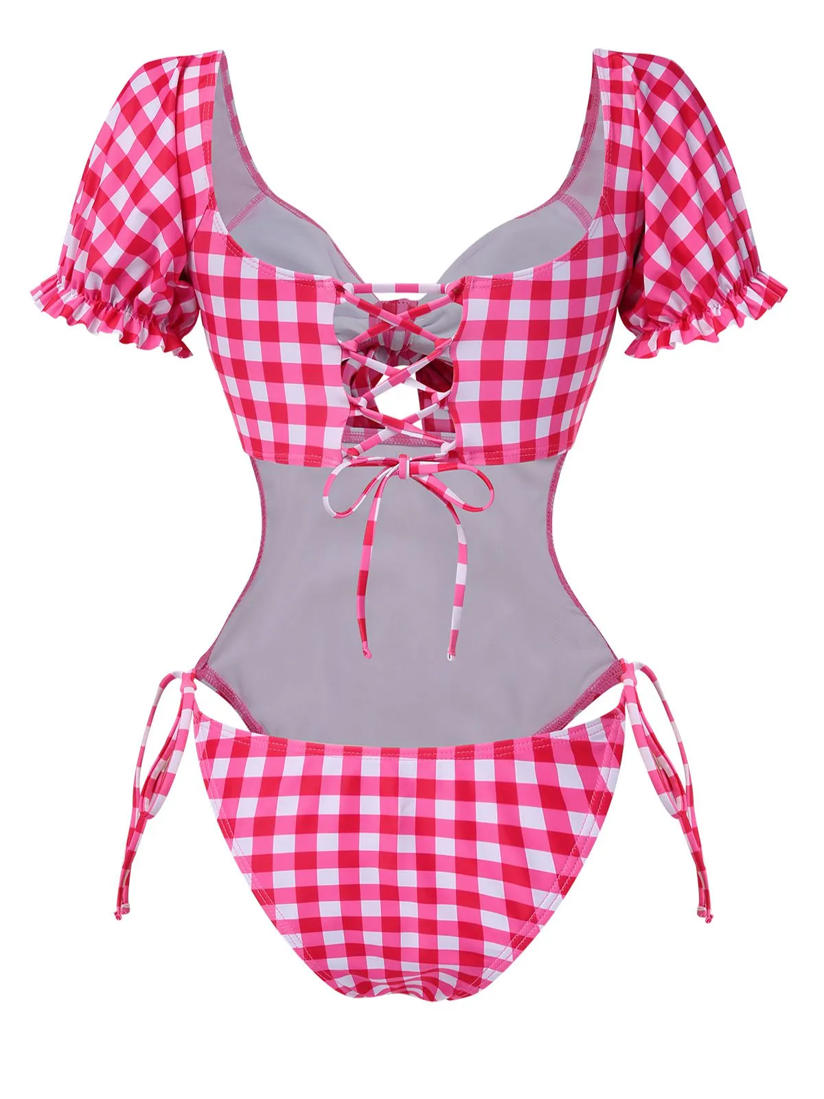 Red 1950s Gingham Plaid Hollow Puff Swimsuit sold by Retro Stage product image thumbnail 2
